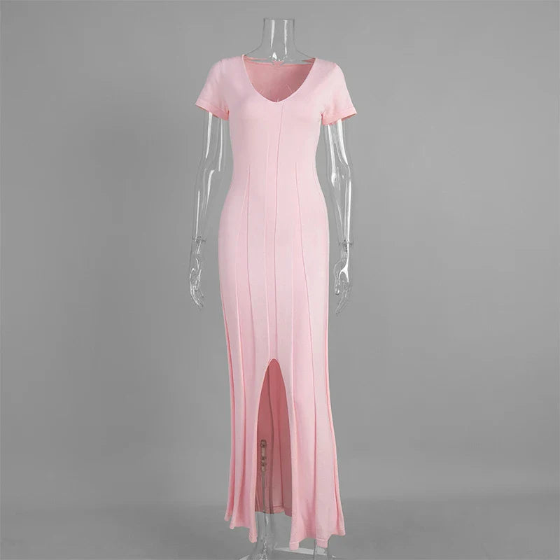 Knitted V-Neck Slit Short Sleeve Slim Maxi Dress