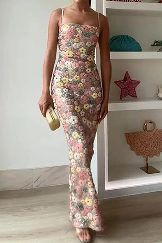 Floral Printed Spaghetti Strap Slim Sleeveless Maxi Dress