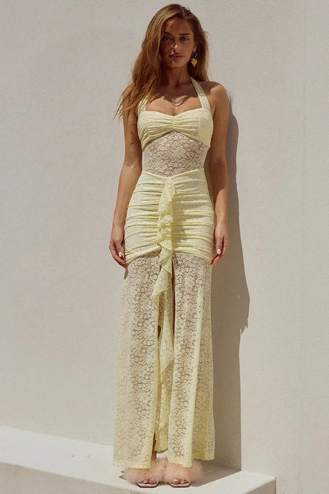 Lace Patchwork Sleeveless Backless Bodycon Maxi Dress