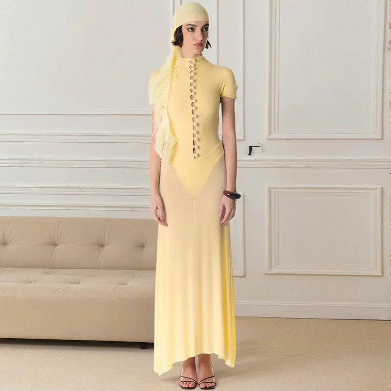 Hollow Out See Through Patchwork Maxi Dress