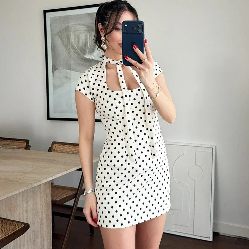 Elegant Polka Dot Lace-Up Hollow Out Mini Dress