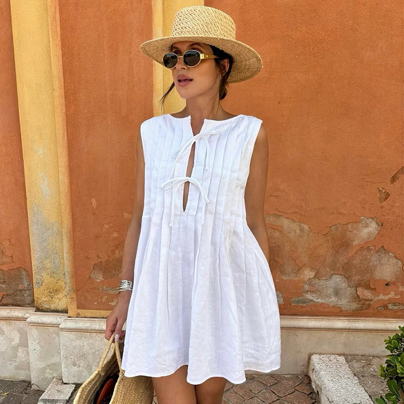 Pleated O Neck Sleeveless Lace Up Mini Dress
