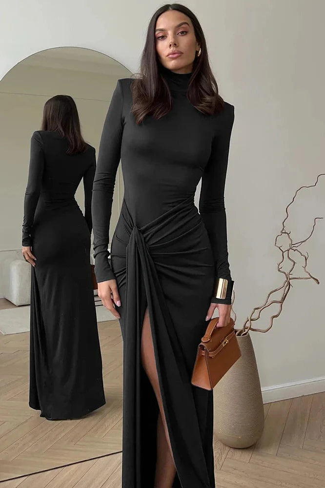 Turtleneck Long Sleeve High Split Maxi Dress
