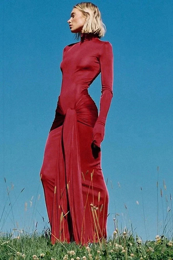 Elegant Turtleneck Long Sleeve Bodycon Maxi Dress