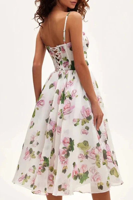 Slash Neck Printed Sleeveless High Waist Pleated Midi Dress
