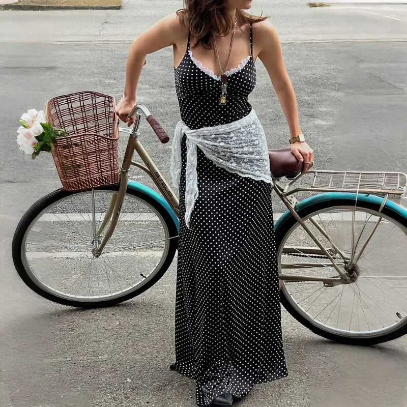 V-Neck Polka Dot Lace Patchwork Sleeveless Maxi Dress