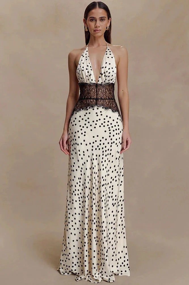 Polka Dot Backless Patchwork Lace Deep V Neck Sleeveless Bodycon Maxi Dress