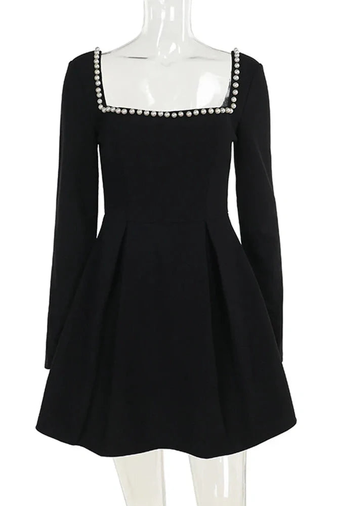 Elegant Square Neck Slim Long Sleeve High Waist Mini Dress