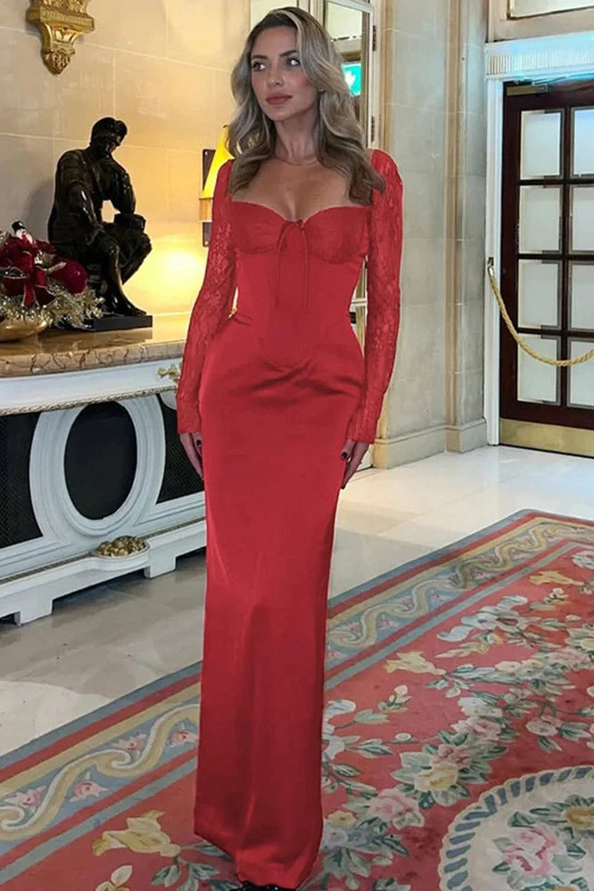 Elegant Slim Lace Long Sleeve Lace Up Maxi Dress