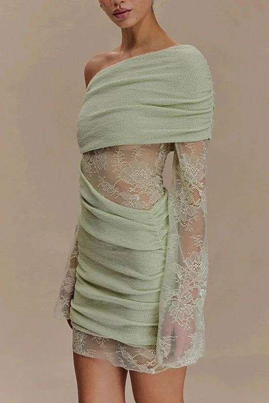 Hollow Out High Waist Slash Collar Lace Knitted Mini Dress