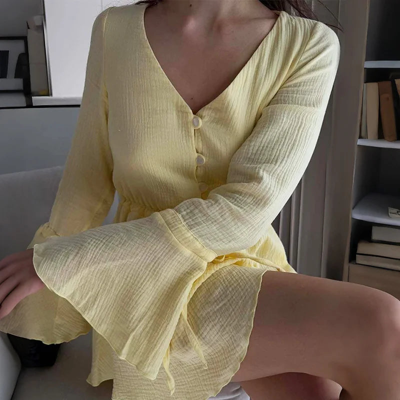 V Neck Lace-Up Patchwork Mini Dress