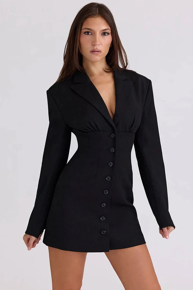 Long Sleeve Single-Breasted V Neck High Waist Mini Dress