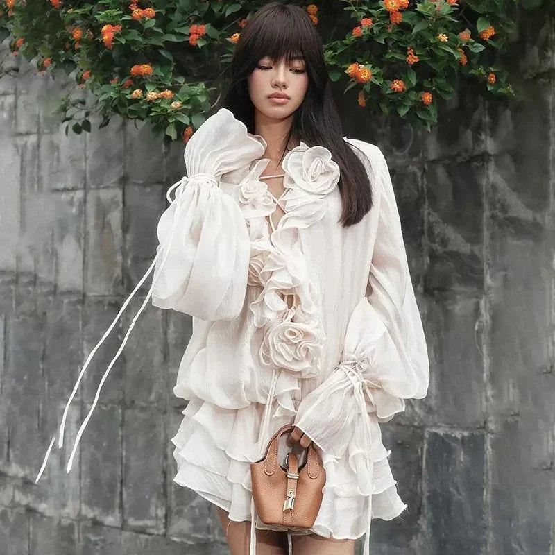 See-Through Lace Up Long Sleeve Mini Dress