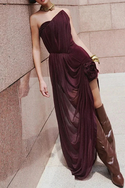 Hollow Out Sleeveless Pleated High Waist Irregular Maxi Dress