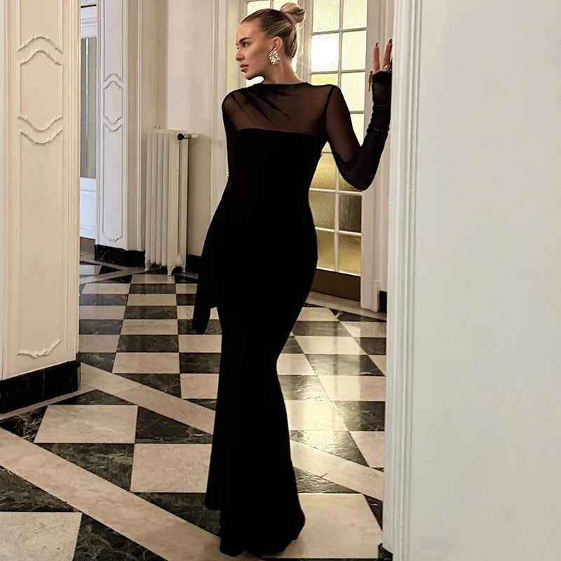 Elegant See Through Hollow Out Patchwork Maxi Dress