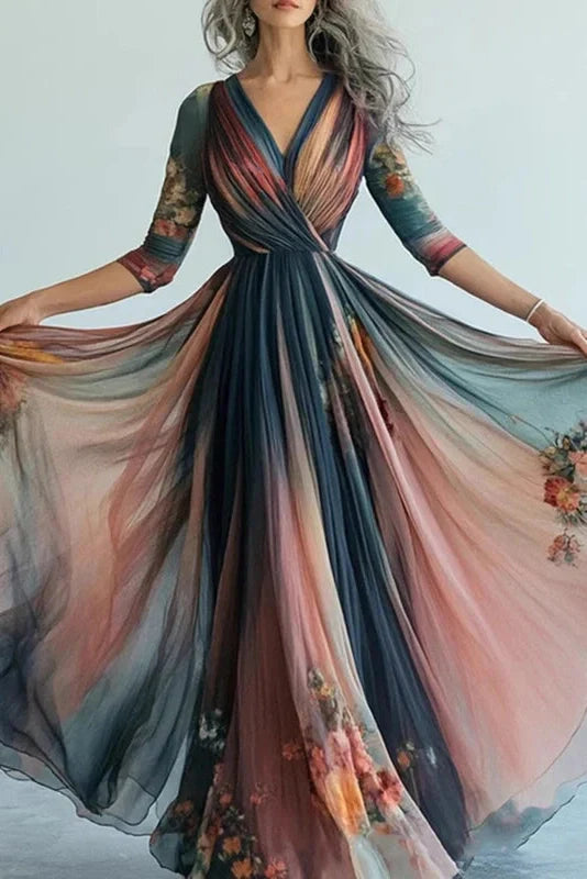 Elegant Pleated V Neck Long Sleeve Printed Maxi Dress