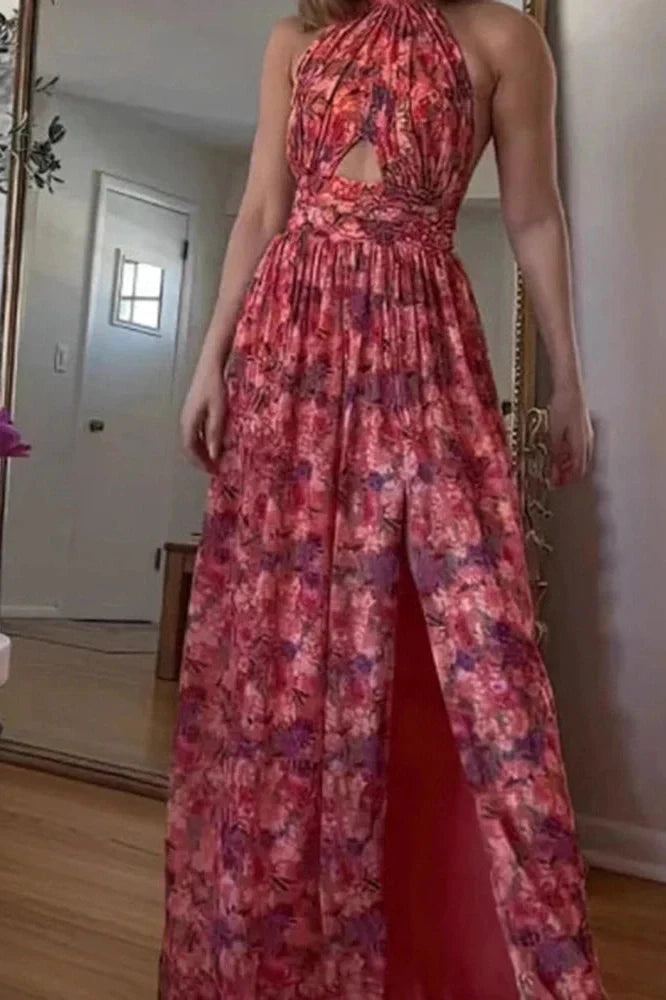 Hollow Out Sleeveless High Waist Pleated Printed Maxi Dress