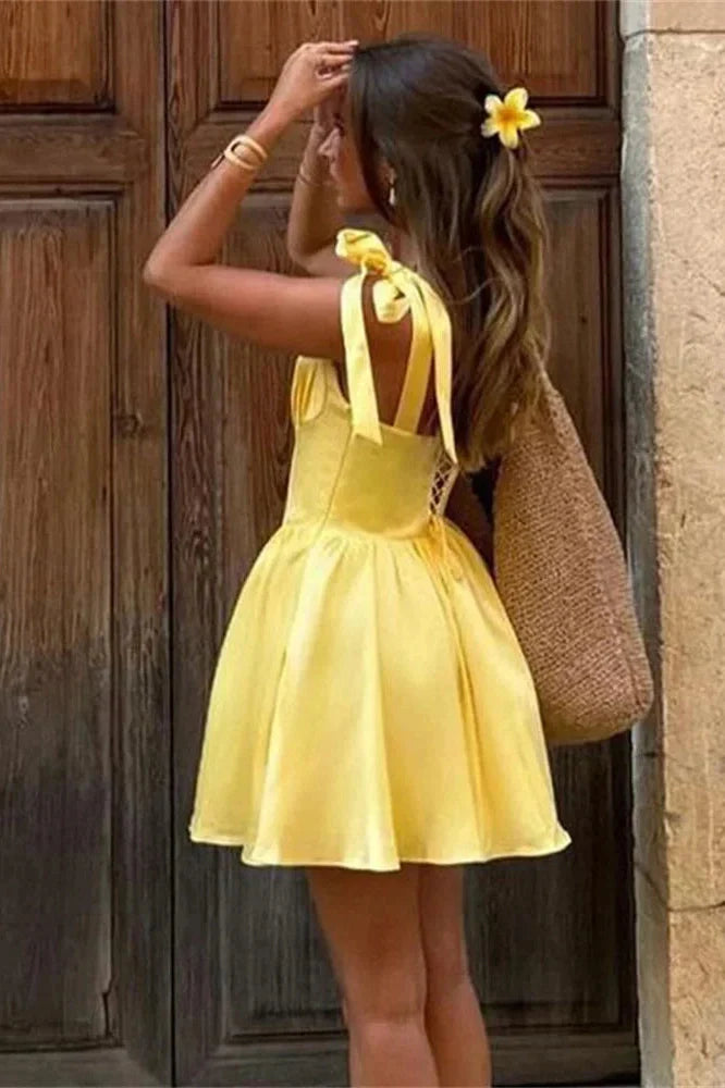 Lace-Up Backless Pleated Slim Bodycon Mini Dress