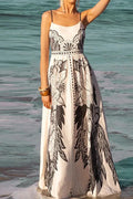 Elegant Hollow Out Sleeveless High Waist U-Collar Printed Maxi Dress