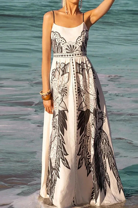 Elegant Hollow Out Sleeveless High Waist U-Collar Printed Maxi Dress