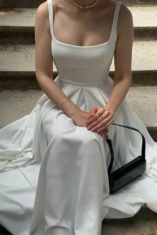 Elegant Square Collar Sleeveless High Waist Pleated Maxi Dress