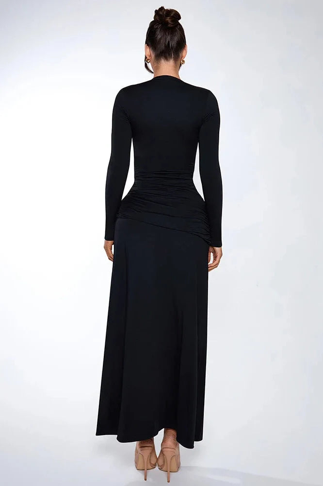 Deep V Neck Long Sleeve High Split Maxi Dress