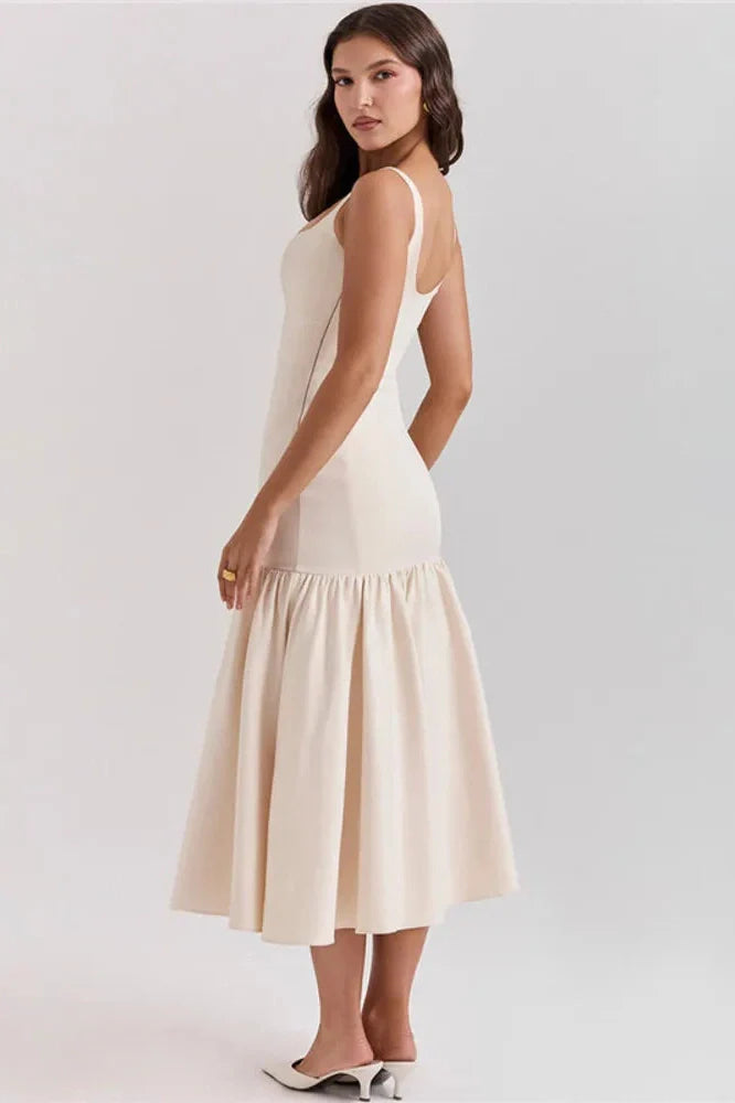 Backless Square Collar Sleeveless Loose Pleated Maxi Dress