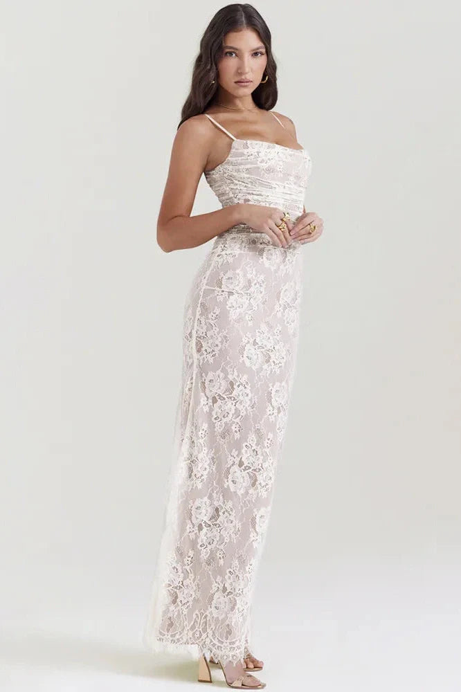 Elegant Lace Print Spaghetti Strap Long Sleeve Maxi Dress