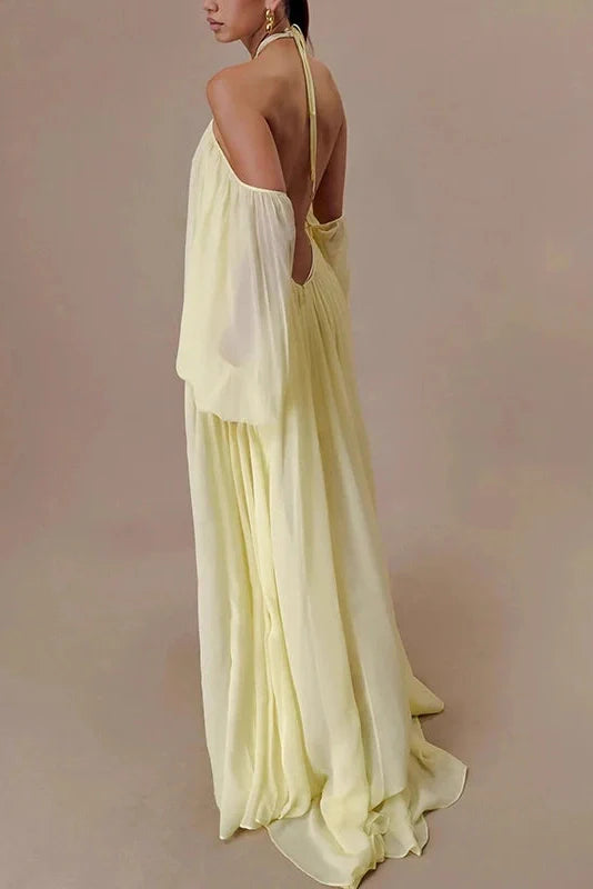 Backless Lace Up Off Shoulder Pleat Loose Maxi Dress