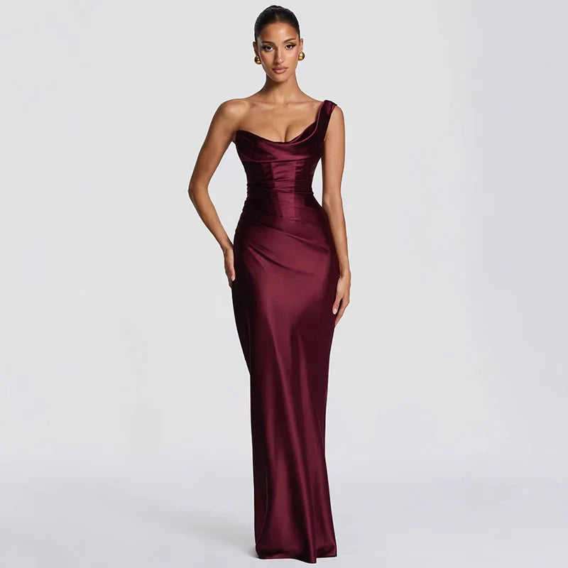 One Shoulder Sleeveless Pleated Lace-Up Maxi Dress