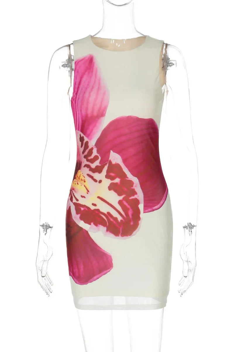 Floral Print O Neck Sleeveless Slim Bodycon Mini Dress