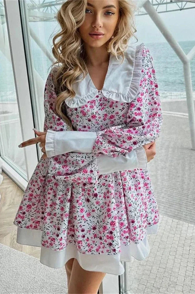 Printed V-Neck Slim Long Sleeve Bodycon Mini Dress
