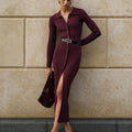V Neck Lapel Single Breasted Midi Dress