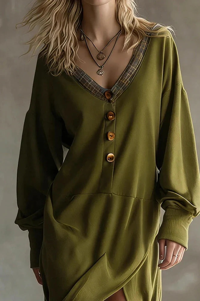 Long Sleeve V-Neck Button Split High Waist Irregular Midi Dress