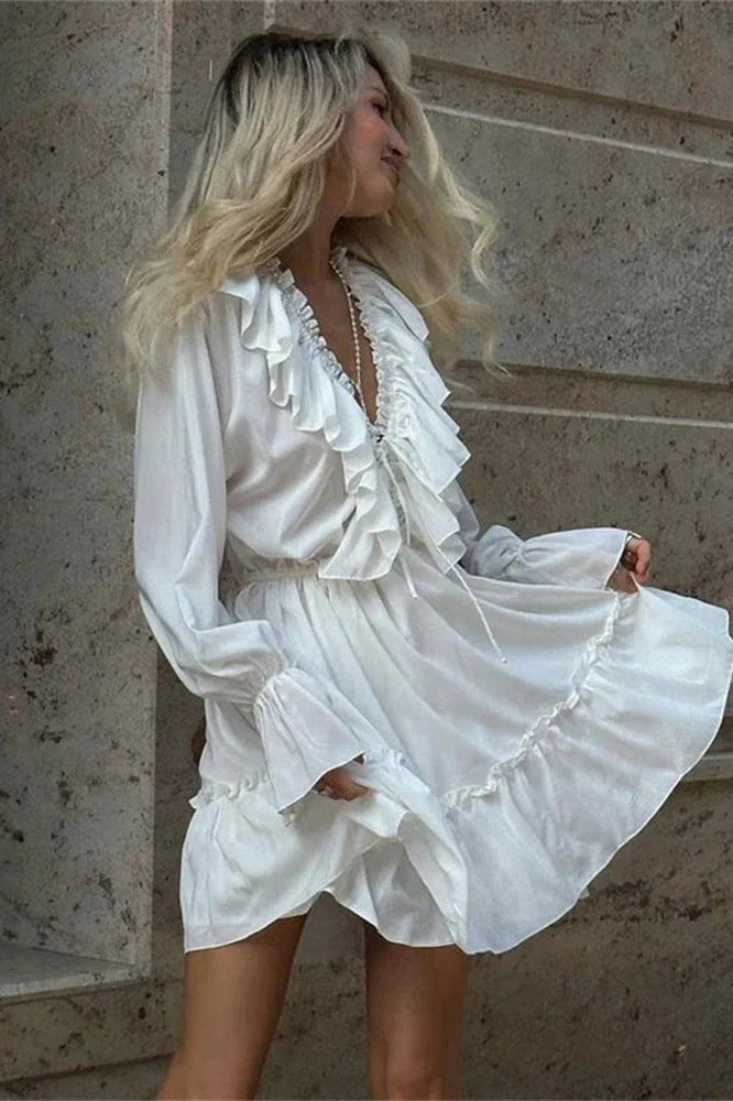 V-Neck Patchwork Long Sleeve High Waist Lace-Up Mini Dress