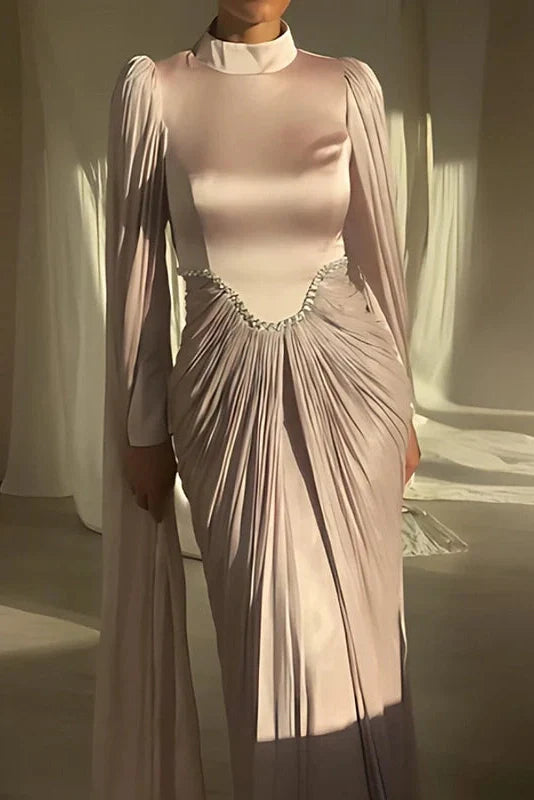 Long Sleeve High Waist O-Neck Pleated Maxi Dress