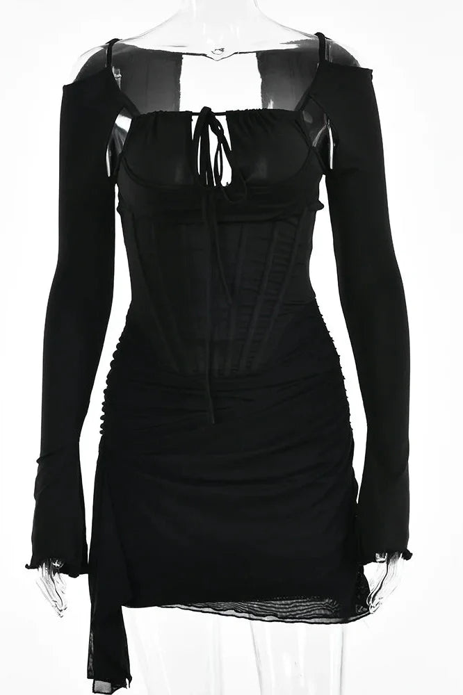 Hollow Out Spaghetti Strap Long Sleeve Backless Mini Dress