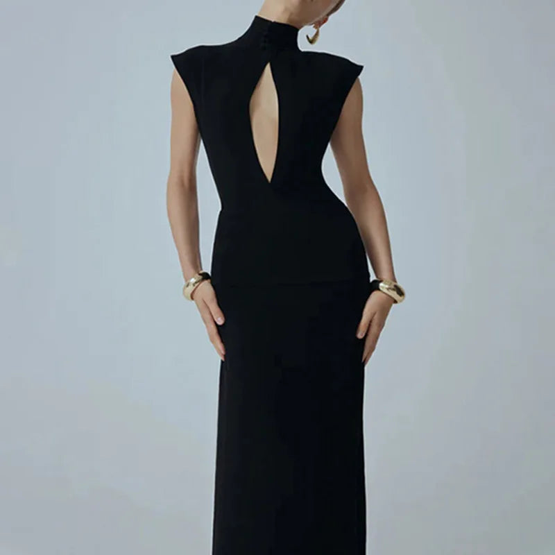 Hollow Out High Neck Patchwork Backless Maxi Dress