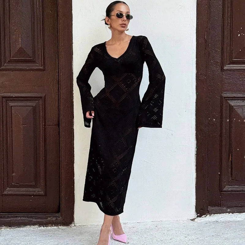 Elegant V-Neck Hollow Out See Through Maxi Dress