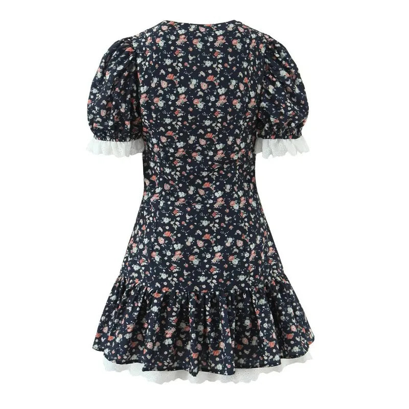 Lace Up Print Patchwork Mini Dress