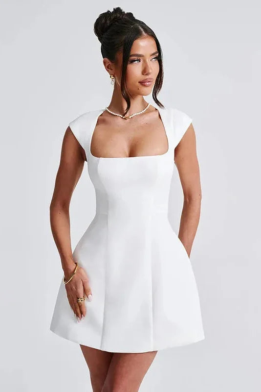 Square Collar A-Line High Waist Patchwork Mini Dress