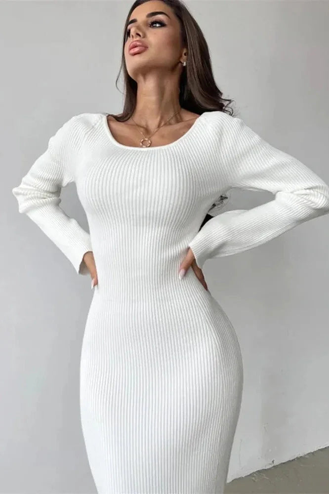 Hollow Out Long Sleeve Patchwork Slim Midi Dress