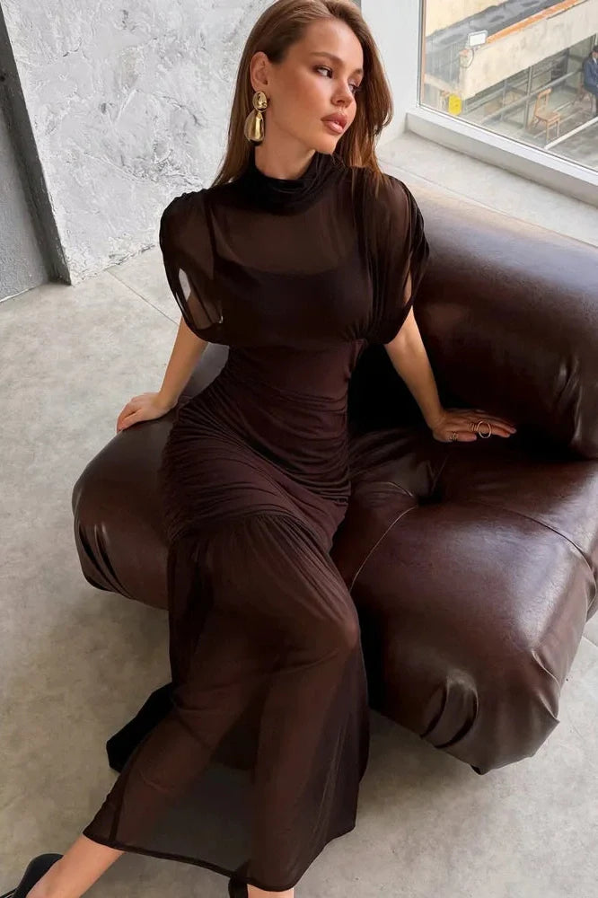 Sleeveless See-Through Patchwork Pleated Maxi Dress
