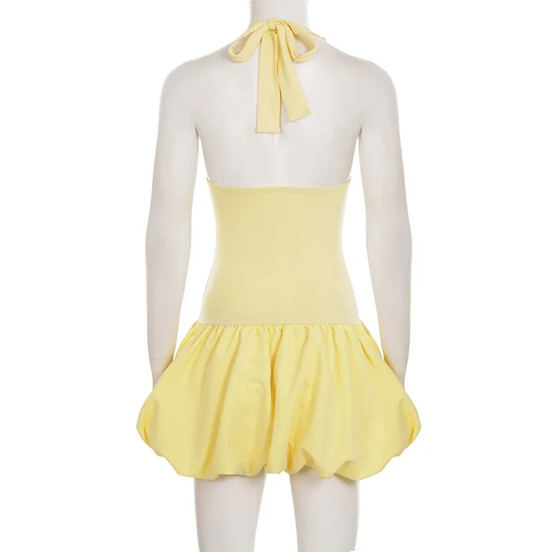 V Neck Halter Lace Up High Waisted Mini Dress