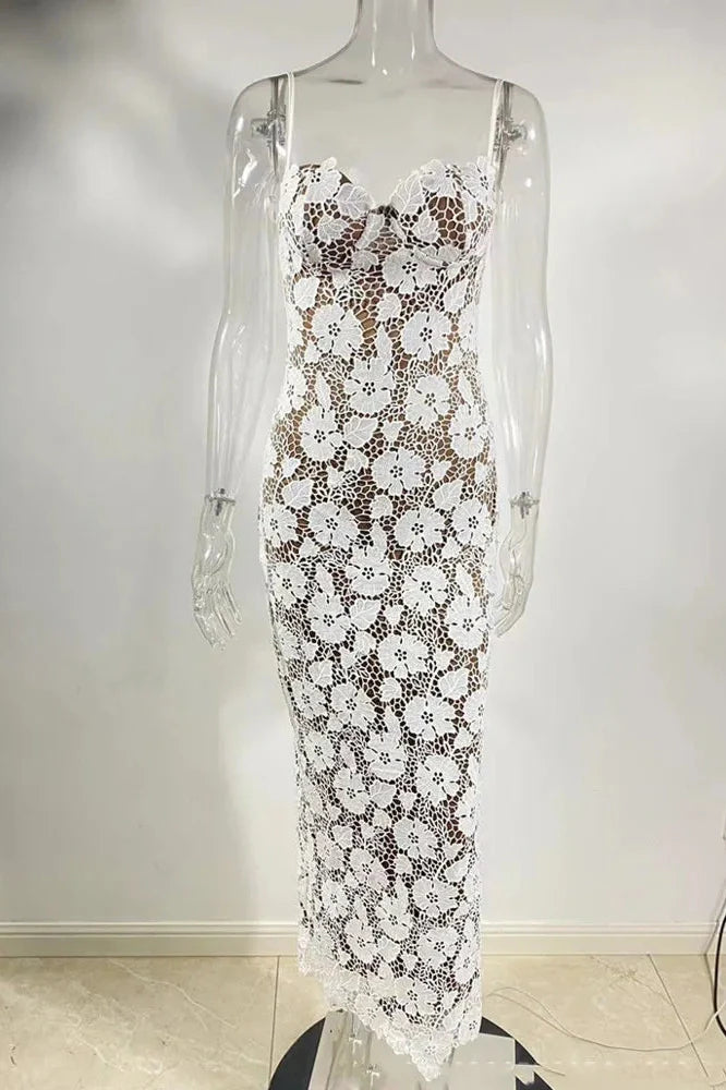 Floral Embroidery Spaghetti Strap Sleeveless Maxi Dress