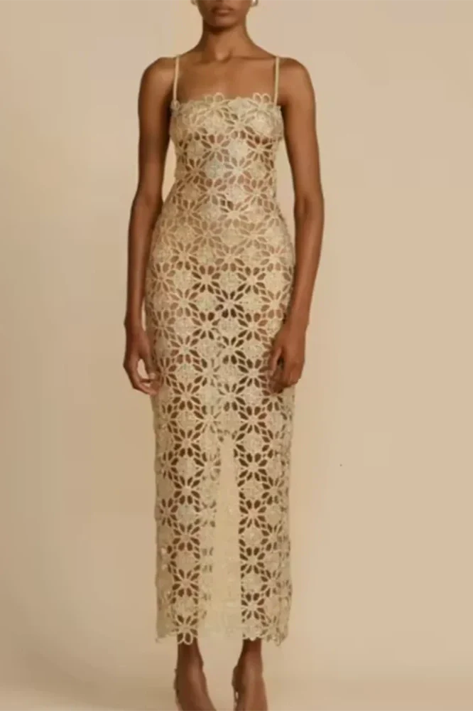 Elegant Lace Hollow Out Sleeveless Maxi Dress