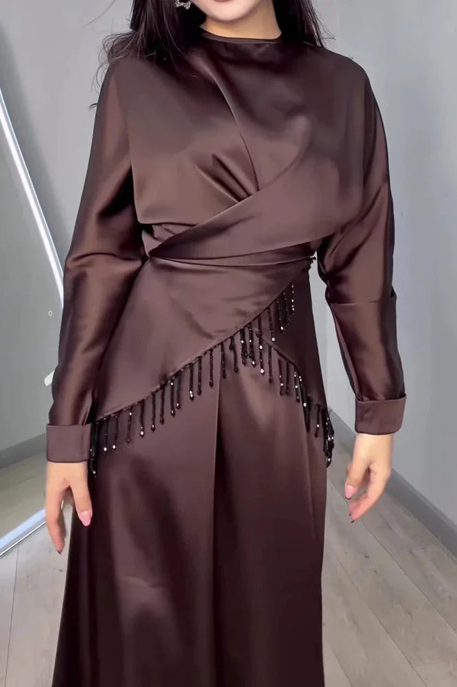 Long Sleeve Pleat Lace-Up Loose 2-Piece Irregular Maxi Dress