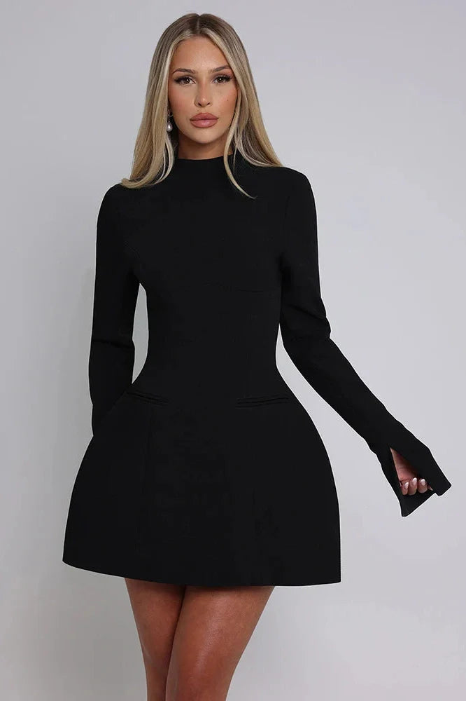 Long Sleeve O-Neck High Waist Backless A-line Mini Dress