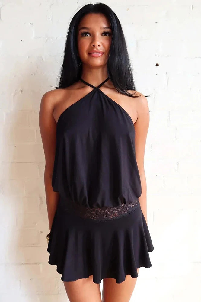 Backless Lace Patchwork Sleeveless Pleated Mini Dress