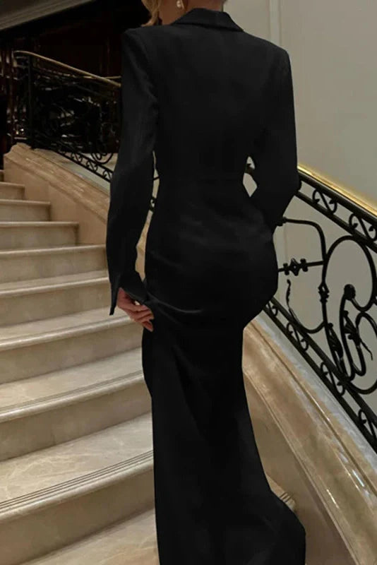 V Neck High Waist Button Split Long Sleeve Maxi Dress